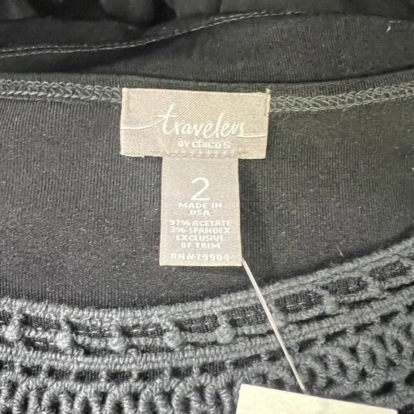 Chico's Travelers Slinky Crochet Neck Trim Top 3/4 Sleeve Size 2 L 12 NWT - Picture 5 of 7